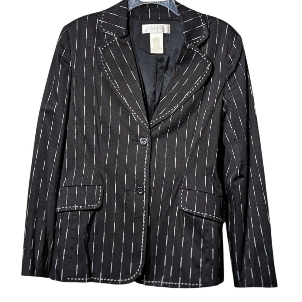 Lucy Perida Boutique Brand Black Stripe Lined Cotton Stretch Blazer Womens Sz 10